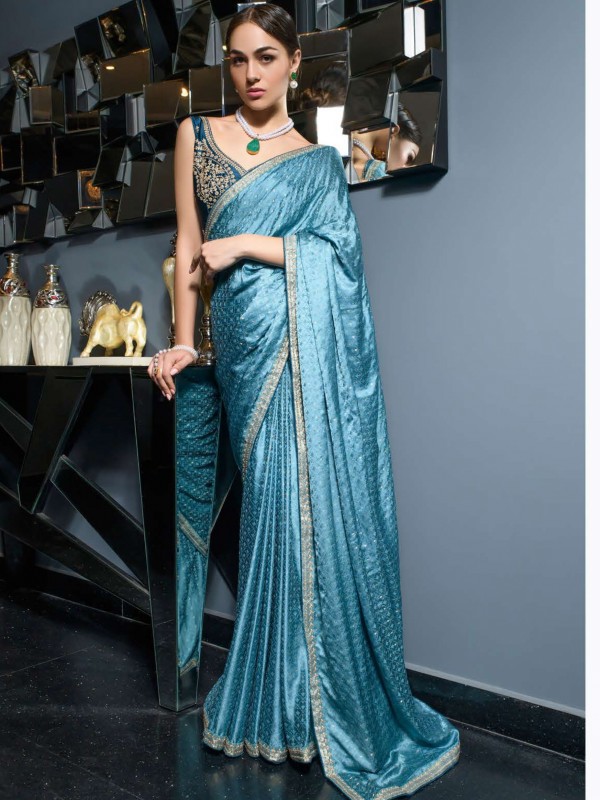 Pure Silk Party Wear Saree In Sea Blue Color With Embroidery Work