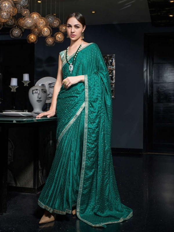 Pure Silk Party Wear Saree In Teal Green Color With Embroidery Work