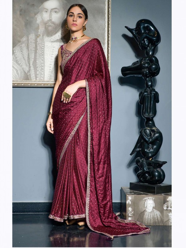 Pure Silk Party Wear Saree In Maroon Color With Embroidery Work