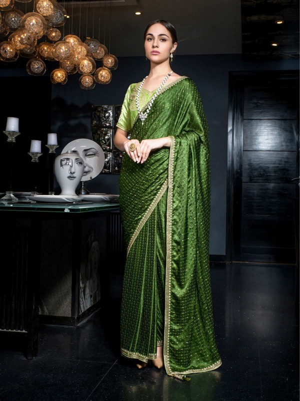 Pure Silk Party Wear Saree In Green Color With Embroidery Work