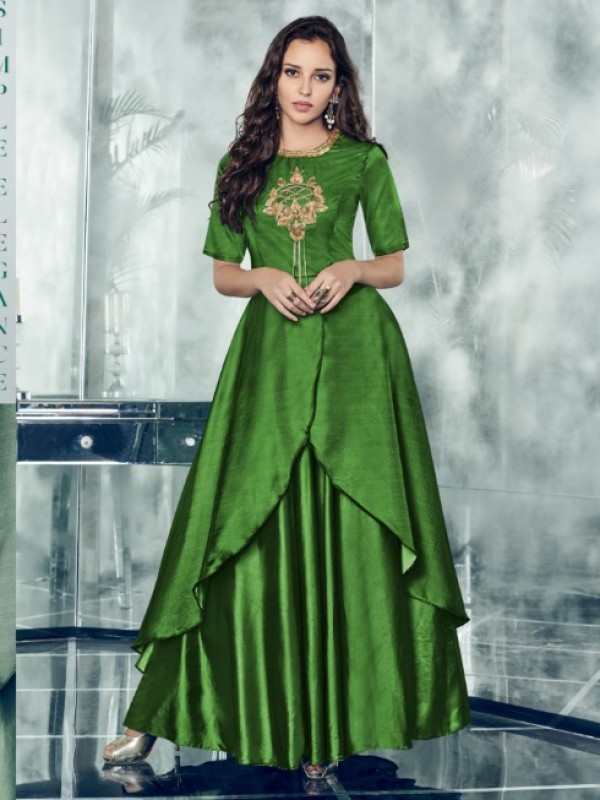 Satin Silk Long Kurti In Green With Embroidery  Work 