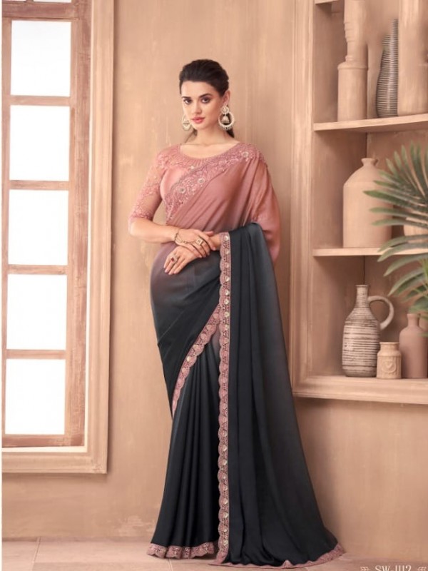 Fancy Silk Party wear Saree Peach & Black  Color With Embroidery Work