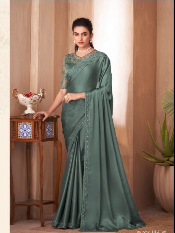 Fancy Silk Party wear Saree Light Green Color With Embroidery Work