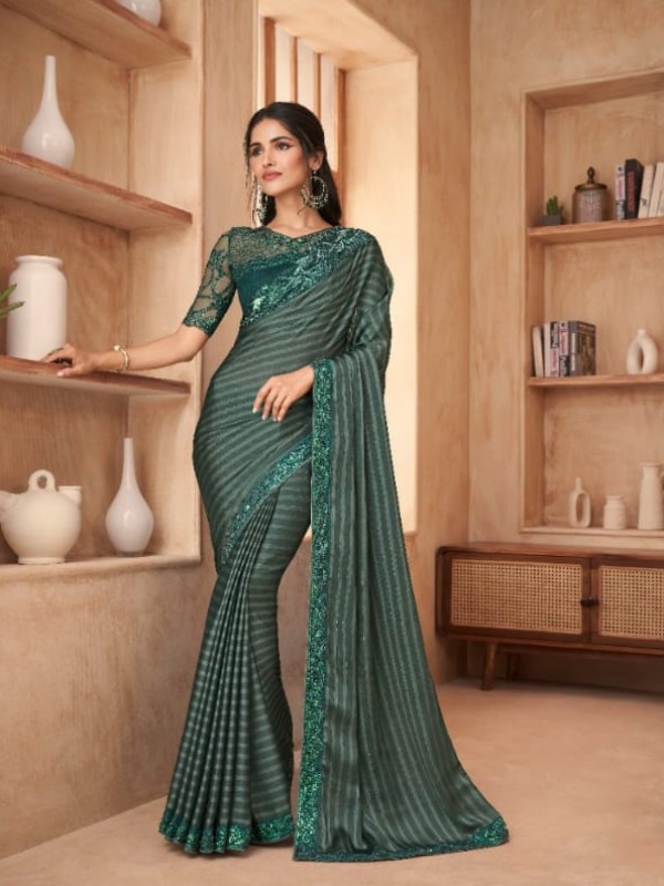 Sateen Georgette Party Wear  Saree In Teal Green  Color With Embroidery Work