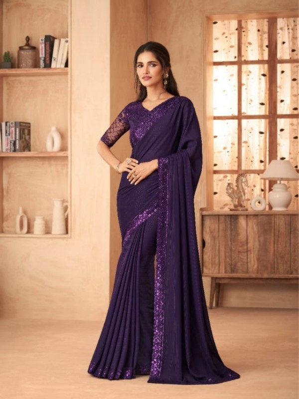 Sateen Georgette Party Wear  Saree In Purple Color With Embroidery Work