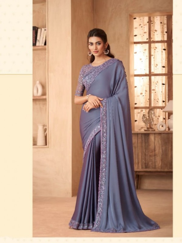 Sateen Georgette Party Wear  Saree In Purple Color With Embroidery Work