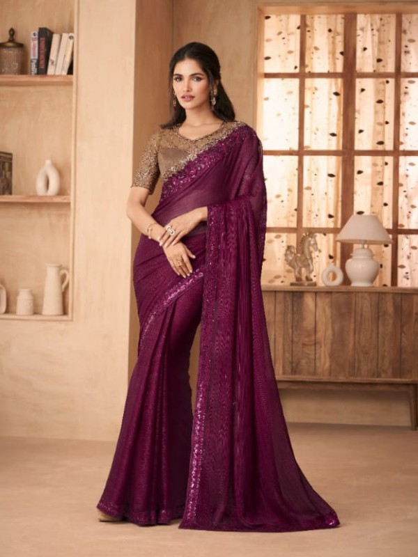 Chiffon Georgette Party Wear  Saree In Wine Color With Embroidery Work