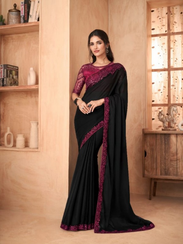 Chiffon Georgette Party Wear  Saree In Black Color With Embroidery Work