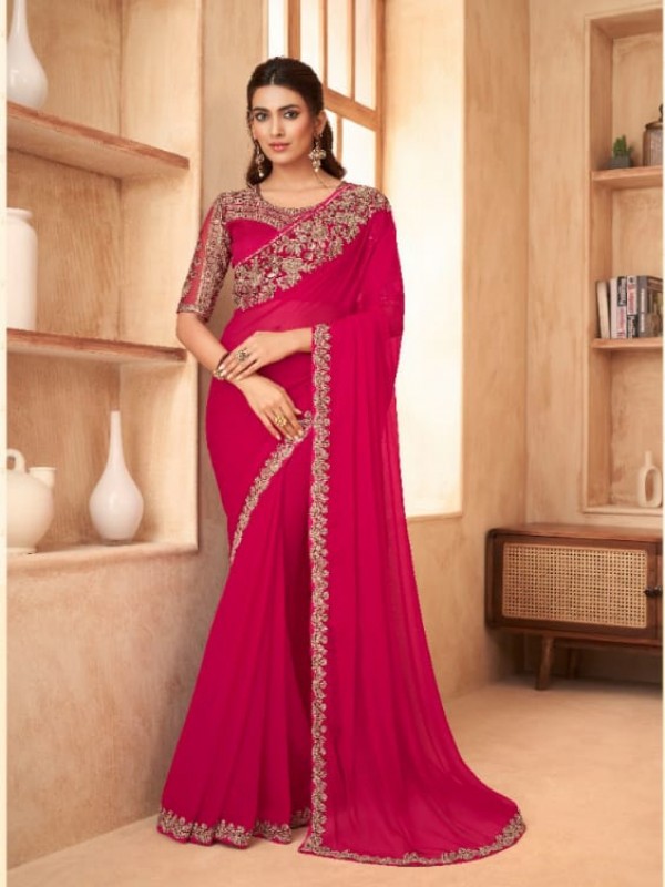 Chiffon Georgette Party Wear  Saree In Pink Color With Embroidery Work