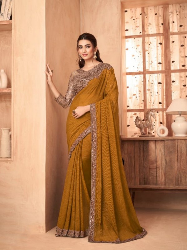 Chiffon Georgette Party Wear  Saree In Mustard Color With Embroidery Work