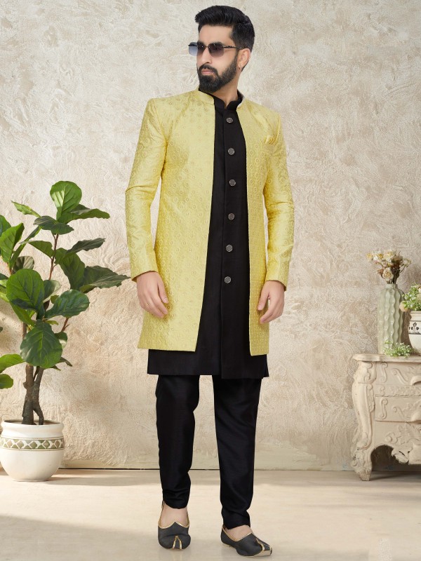 Art Silk IndoWestern Ready Made Dress in Black & Yellow Color with Thread work 