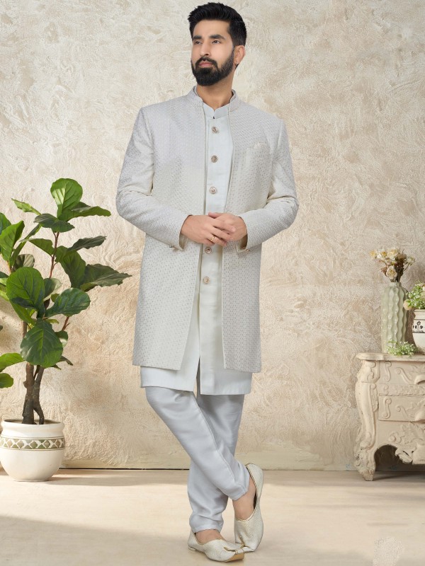 Art Silk IndoWestern Ready Made Dress in White Color with Thread work 