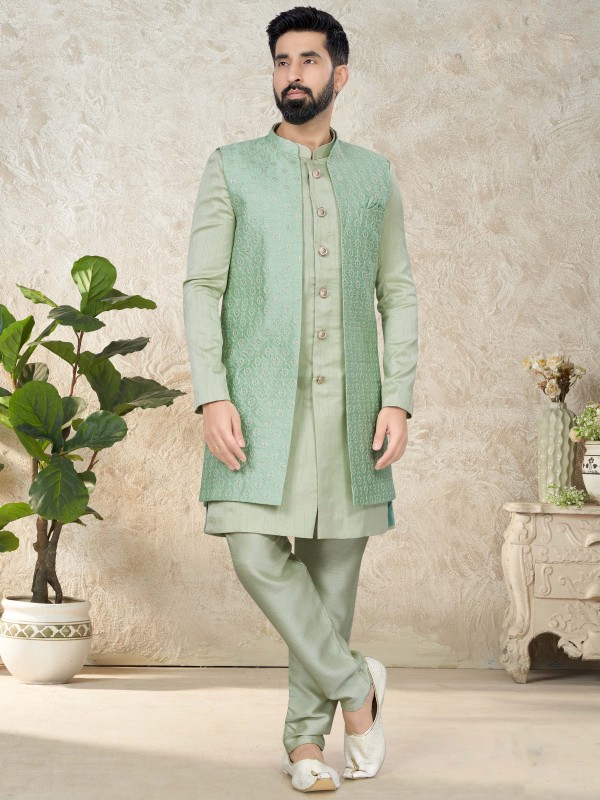 Art Silk IndoWestern Ready Made Dress in Pastel Green Color with Thread work 