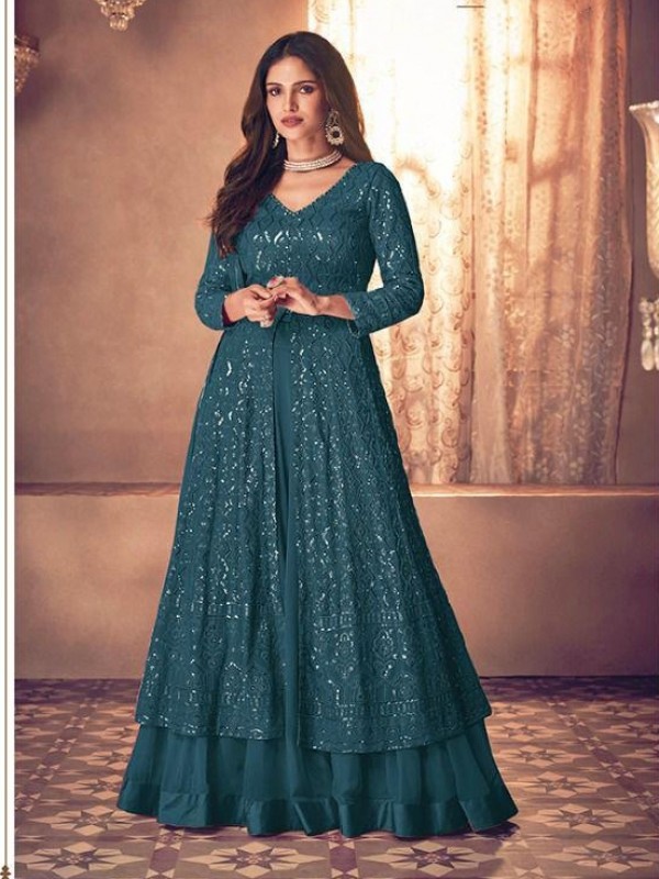 Pure Georgette Fabrics Party Wear Readymade Gown In Teal Blue Color With Embroidery Work