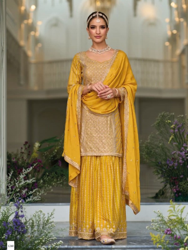 Pure Silk Party Wear Sharara In Yellow With Embroidery Work 