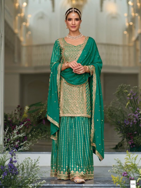 Pure Silk Party Wear Sharara In Green With Embroidery Work 