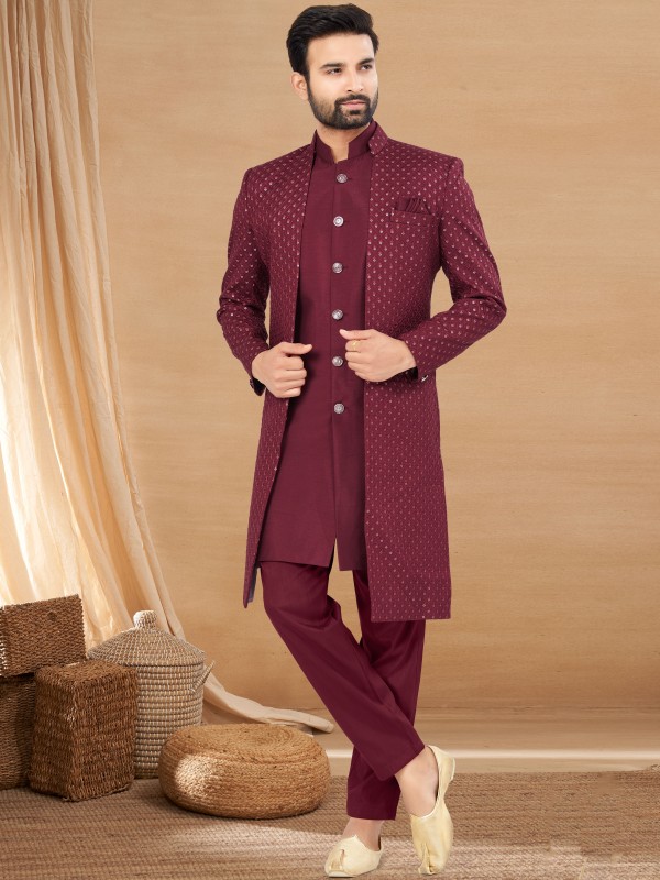 Art Silk IndoWestern Ready Made Dress in Maroon Color with Embroidery work 