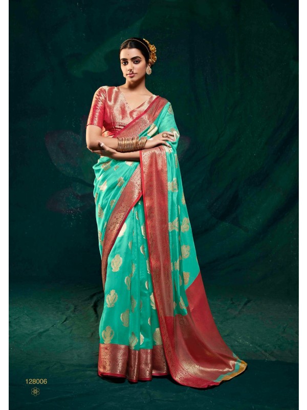  Soft Sateen Organza Silk Party Wear Saree Turquoise Color 