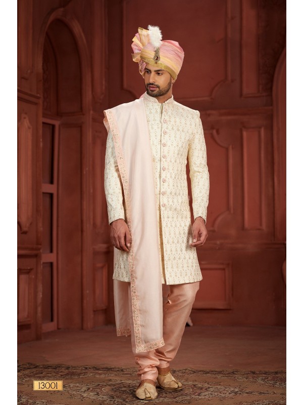 Pure Silk fabric with Embroidery Work Wedding Wear Sherwani set in Cream Color 