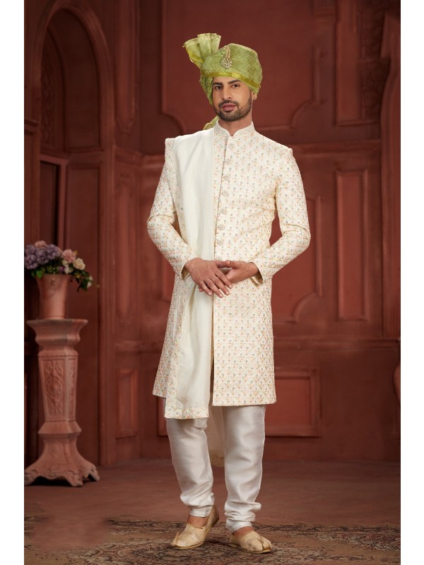 Pure Silk fabric with Embroidery Work Wedding Wear Sherwani set in Cream Color 