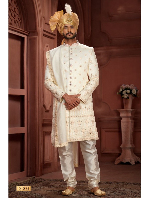 Pure Silk fabric with Embroidery Work Wedding Wear Sherwani set in Cream Color 
