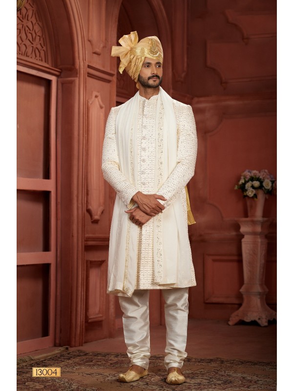 Pure Silk fabric with Embroidery Work Wedding Wear Sherwani set in Cream Color 
