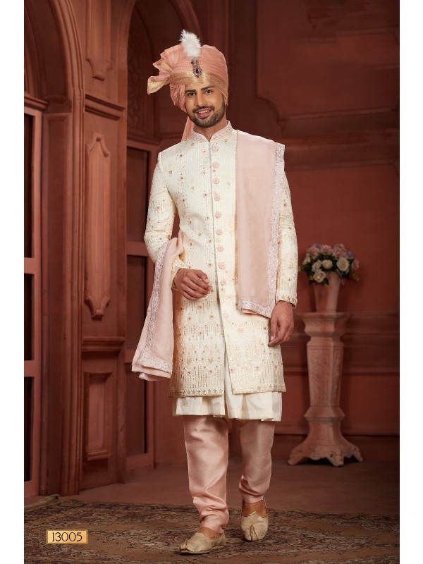 Pure Silk fabric with Embroidery Work Wedding Wear Sherwani set in Cream Color 