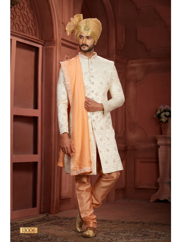 Pure Silk fabric with Embroidery Work Wedding Wear Sherwani set in Cream Color 