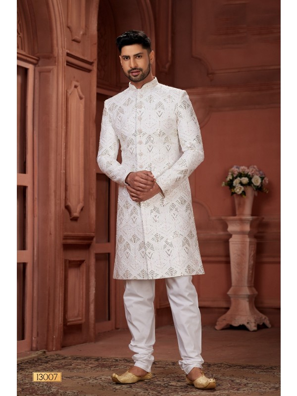 Pure Silk fabric with Embroidery Work Wedding Wear Sherwani set in Cream Color 