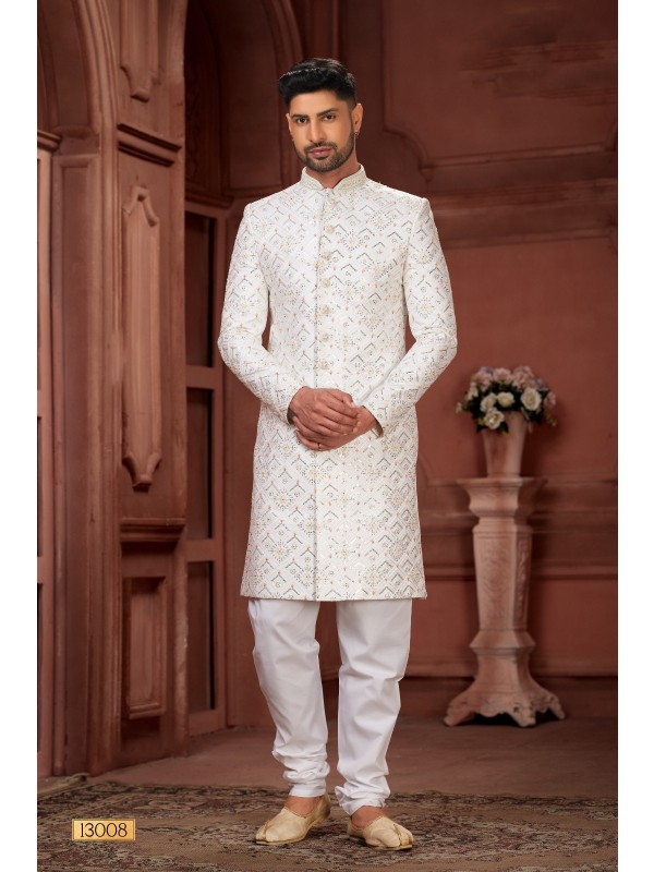 Pure Silk fabric with Embroidery Work Wedding Wear Sherwani set in Cream Color 