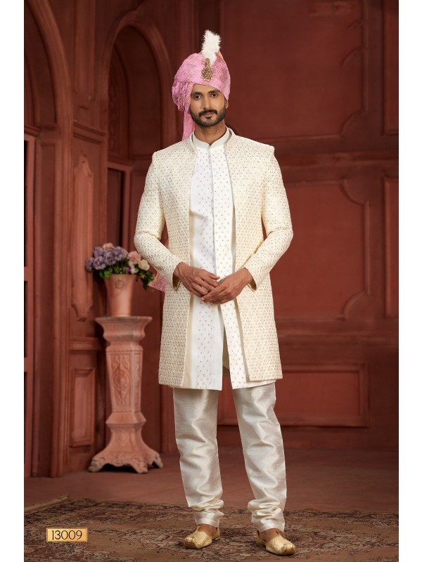Pure Silk fabric with Embroidery Work Wedding Wear Sherwani set in Cream Color 