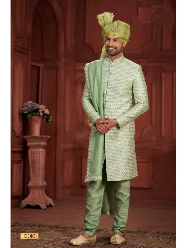 Pure Silk fabric with Embroidery Work Wedding Wear Sherwani set in Green Color 