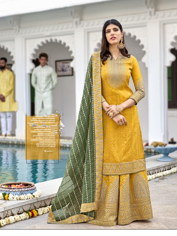 Heavy georgette Party Wear Readymade  Plazo Suit  in Yellow Color with  Embroidery Work