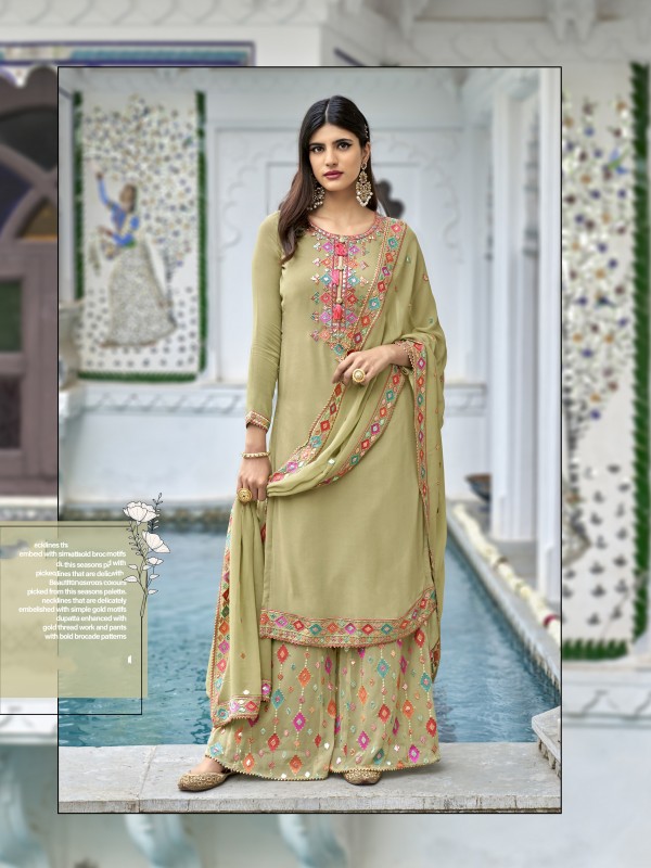 Heavy georgette Party Wear Readymade Plazo Suit  in Pastel Green Color with  Embroidery Work