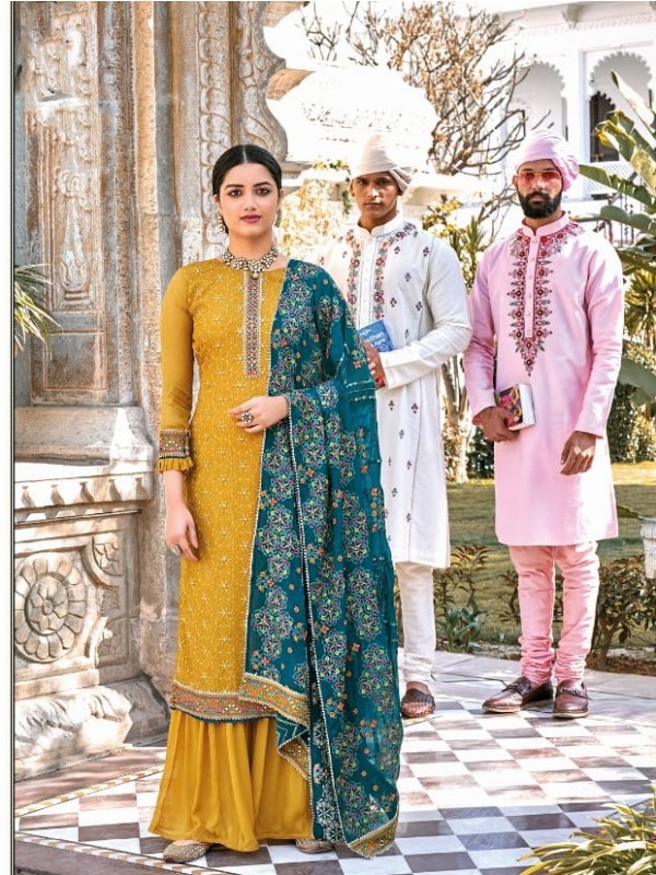 Heavy Chinon Party Wear  Readymade Plazo Suit  in Musard  Color with  Embroidery Work