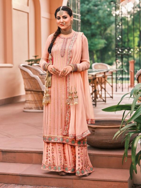 Real Geogratte  Party Wear  Readymade Sharara in Peach Color with  Embroidery Work