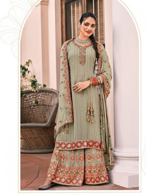Real Geogratte  Party Wear Sharara in Green Color with  Embroidery Work