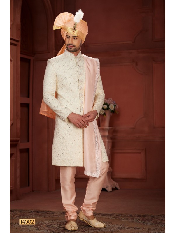 Pure Silk fabric with Embroidery Work Wedding Wear Sherwani set in Cream & Pink 