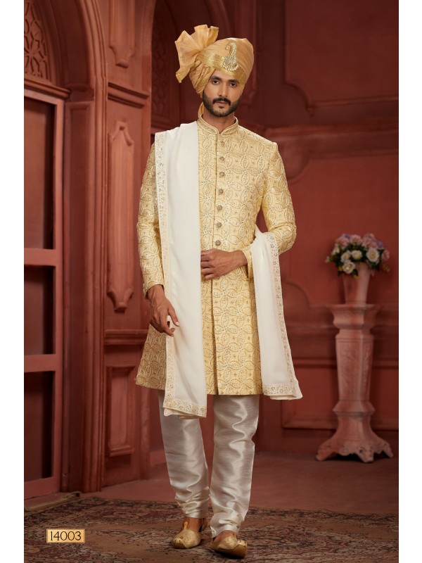 Pure Silk fabric with Embroidery Work Wedding Wear Sherwani set in Mustard Color 