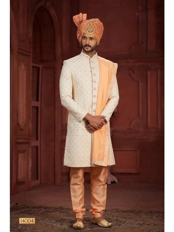 Pure Silk fabric with Embroidery Work Wedding Wear Sherwani set in Cream & Peach Color 