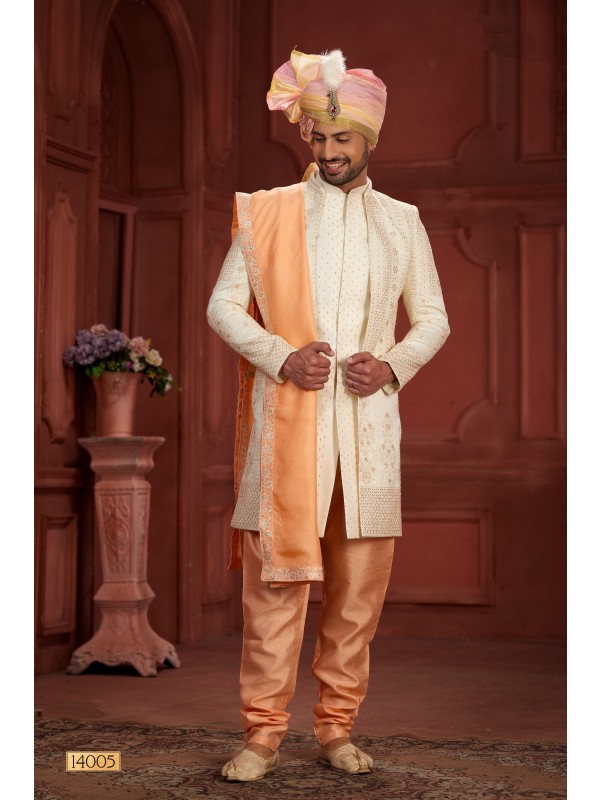 Pure Silk fabric with Embroidery Work Wedding Wear Sherwani set in Cream & Peach Color 