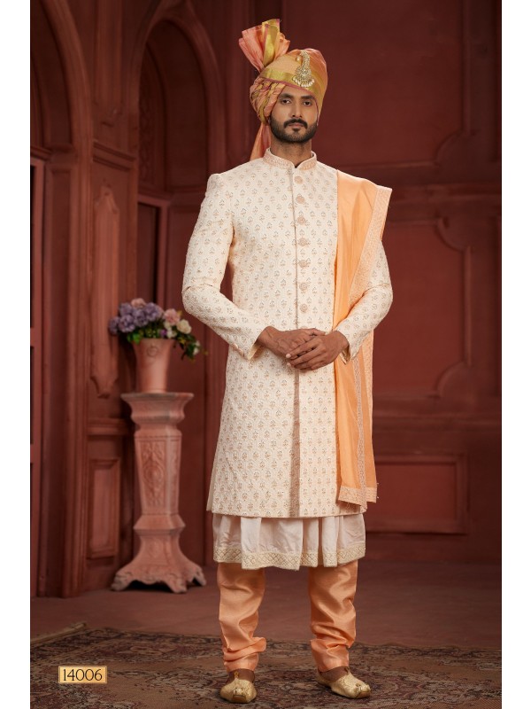 Pure Silk fabric with Embroidery Work Wedding Wear Sherwani set in Cream & Peach Color 