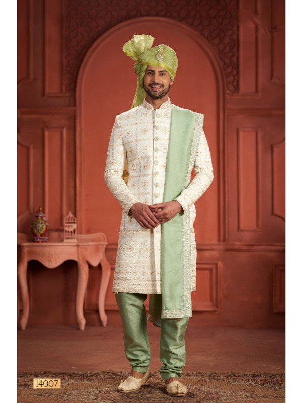 Pure Silk fabric with Embroidery Work Wedding Wear Sherwani set in Cream & Pista Color 