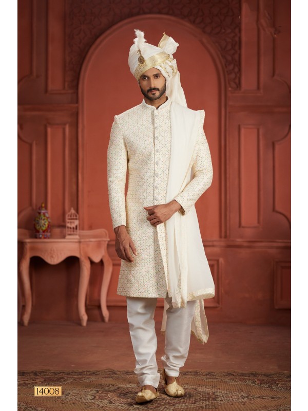 Pure Silk fabric with Embroidery Work Wedding Wear Sherwani set in Multi Color 