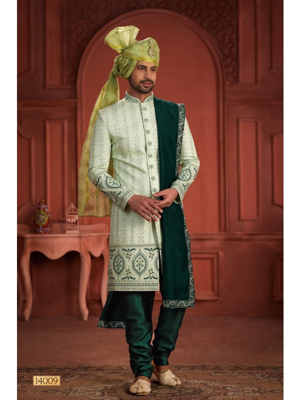 Pure Silk fabric with Embroidery Work Wedding Wear Sherwani set in Pista Green Color 