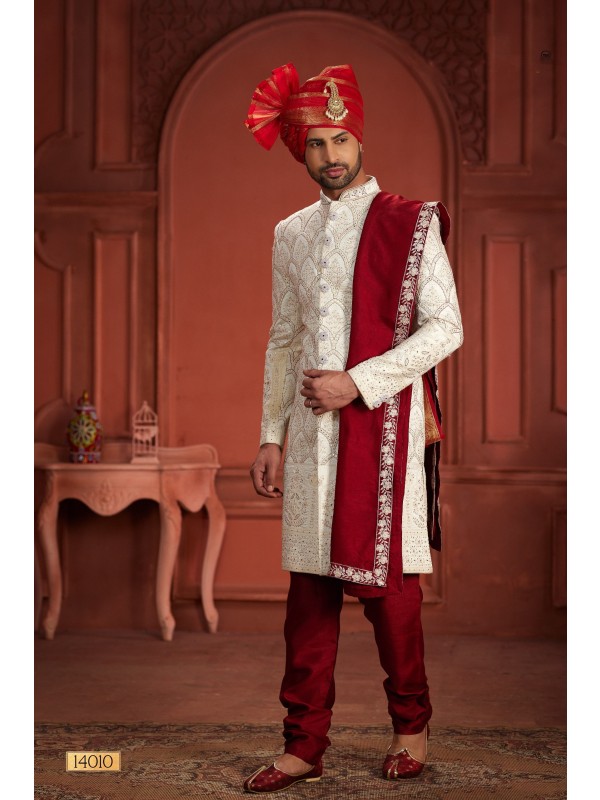 Pure Silk fabric with Embroidery Work Wedding Wear Sherwani set in Cream & Maroon Color 