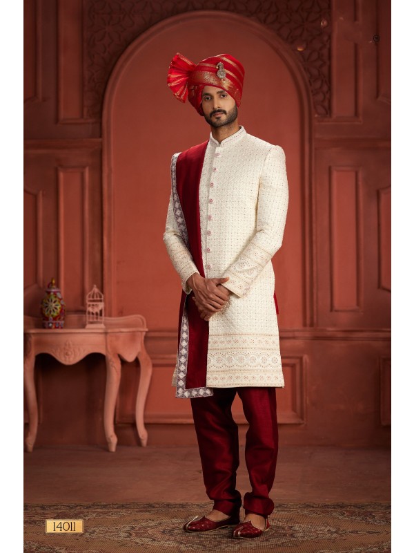 Pure Silk fabric with Embroidery Work Wedding Wear Sherwani set in Cream & Rani Color 