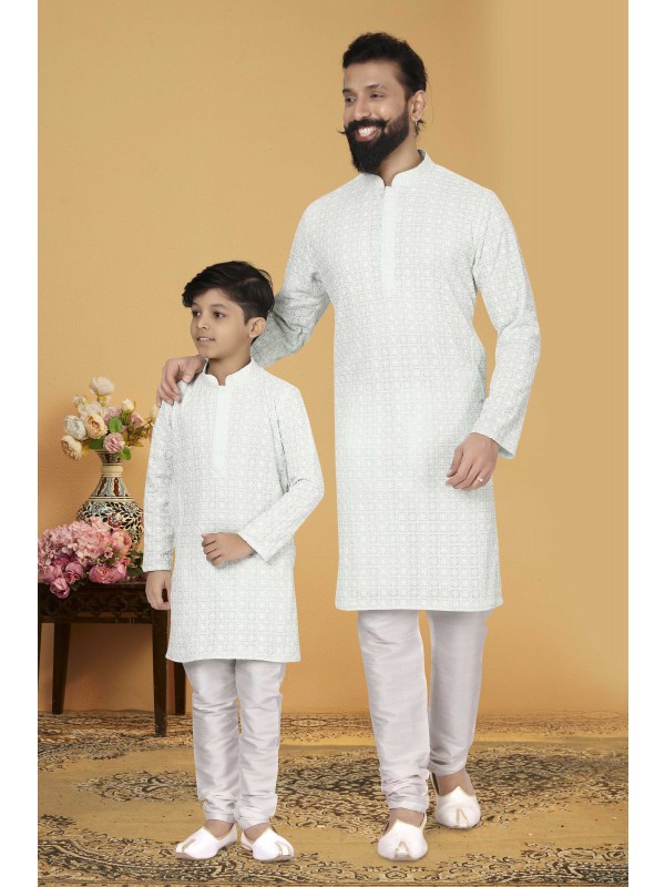 Georgette Fabrics Father & Son Combo Kurta Set In Off White With Embordiery Work 