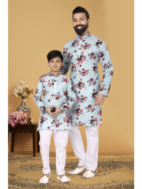 Cotton Printed Father & Son Combo Kurta Set In Sky Blue 