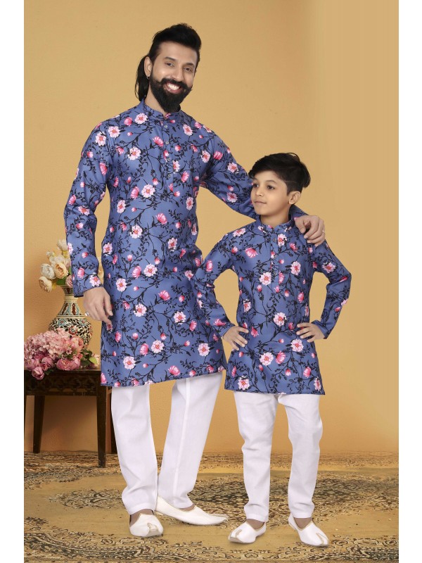 Cotton Printed Father & Son Combo Kurta Set In Blue 